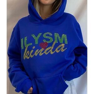 NWOT ILYSM Kinda Royal Blue Rhinestone Heart Hoodie Sweatshirt Women's Large
